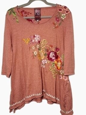 Johnny Was Rust Scoop Neck Embroidered Floral 3/4 Long Sleeve Top Size XS